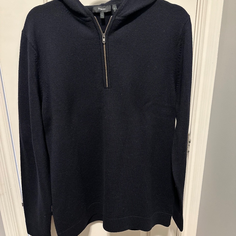 Theory Pullover Hoodie Sweater, quart zip Navy